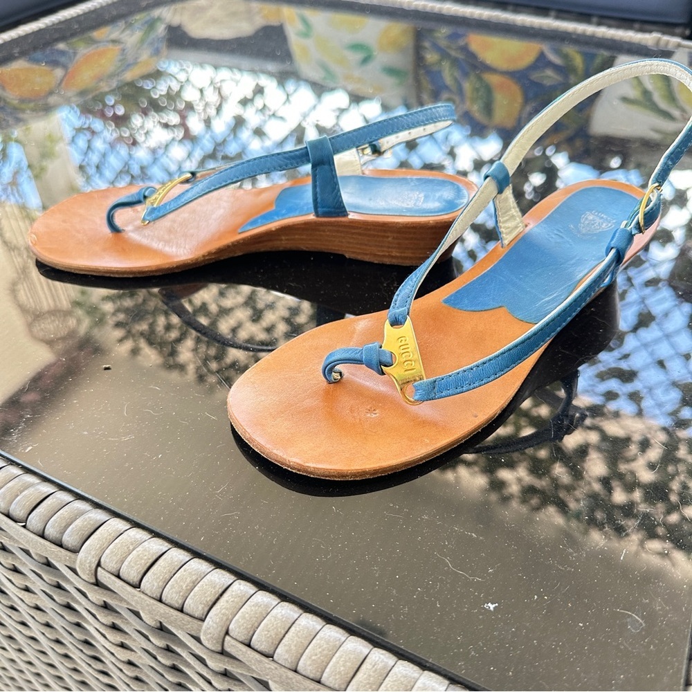 Gucci Blue and Tan Sandals